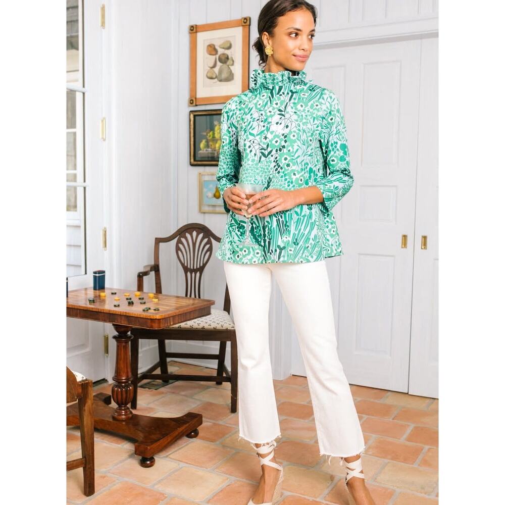 Women's Tuckernuck Wildflower Faye Blouse Green White Size XL Spring Print